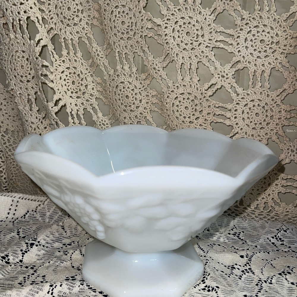 White Milk Glass Scalloped Pedestal Bowl